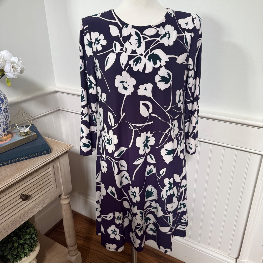 Lauren‎ Ralph Lauren Purple Floral Sheath Dress 3/4 Sleeve Stretch Jersey Size 8